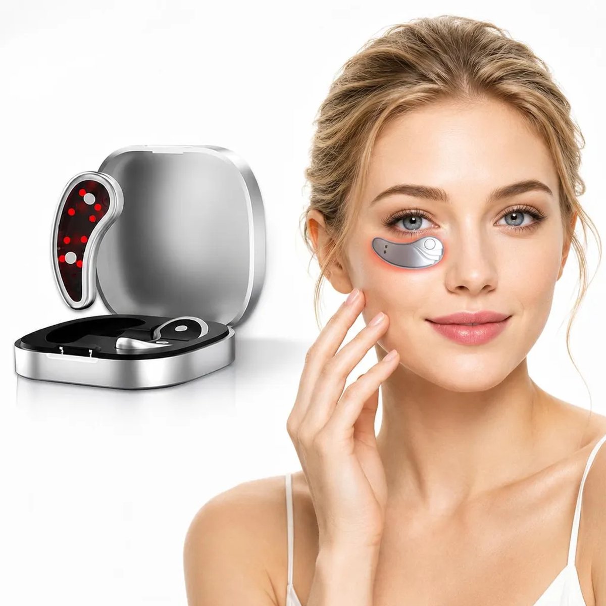 De EMS-oogmassager, uitgerust met roodlichttherapie, is een oogverzorgingsapparaat dat effectief donkere kringen en rimpels bestrijdt, wallen vermindert en de huid lift en verstevigt. Het apparaat is oplaadbaar.