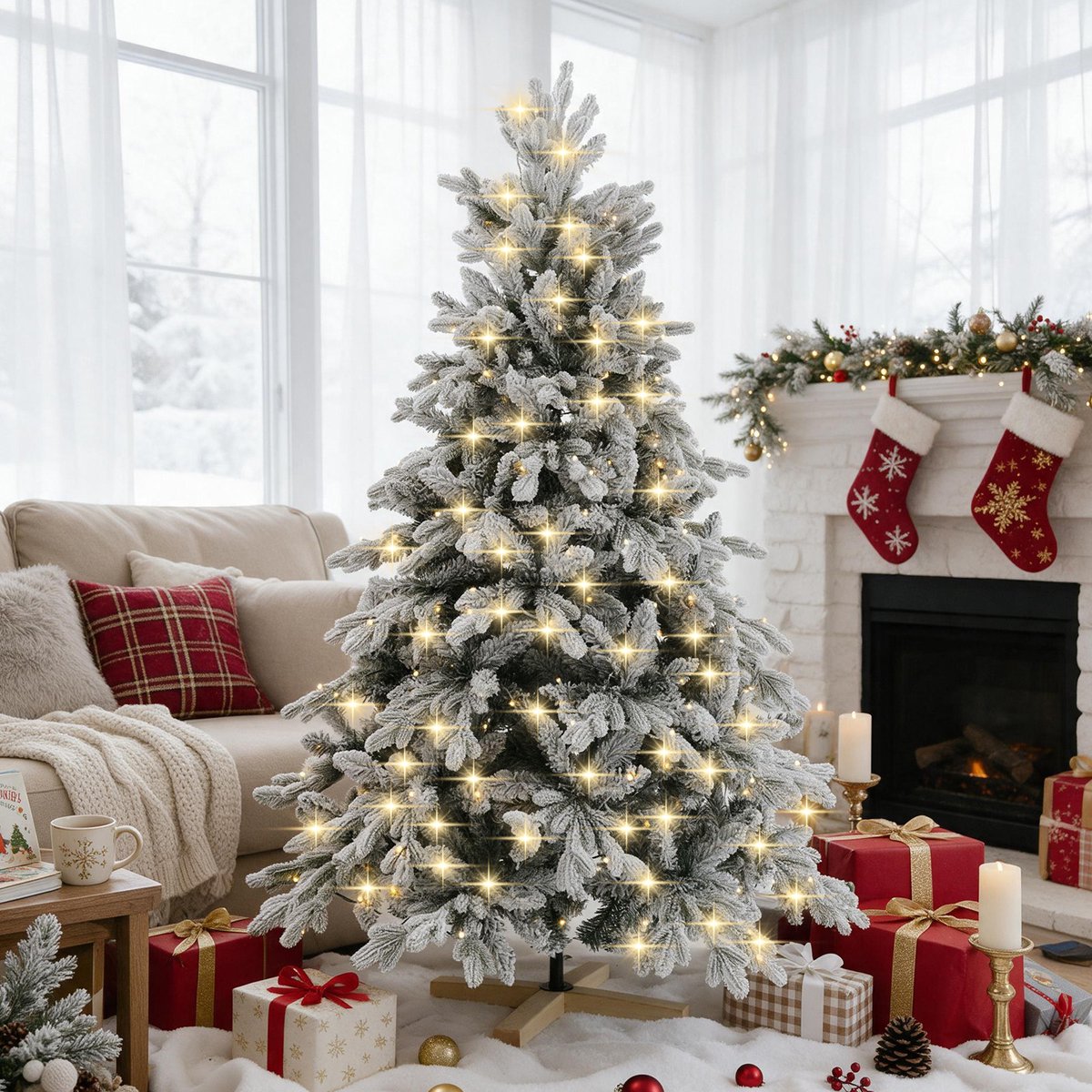 Arvioo kunstkerstboom‑180cm‑sneeuw‑voorverlicht‑warmwit‑LED‑houten voet‑PVC‑PE – foto 8