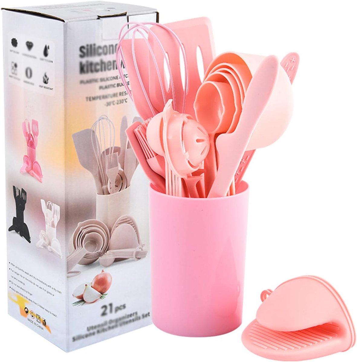 21-delige Keuken Kookgerei Set, Non-Stick Siliconen Koken Keukengerei Spatel Set Met Standaard, Met Menselijk Lichaam Comfort, Siliconen Keuken Gadget Set,Pink