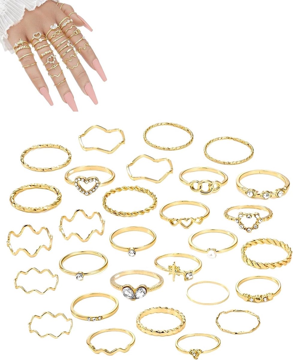 28-delige damesring, roestvrij staal, vintage ring, stapelbaar, set voor dames, open, verstelbare ringen, goud, boho-ringen, voor vrouwen en meisjes