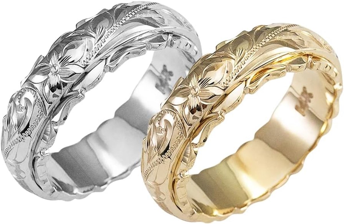 Ringenset, tweekleurige ringen van koper, goud en zilver, met bloemen-totem-gravures, vintage design, ideaal voor dagelijks gebruik