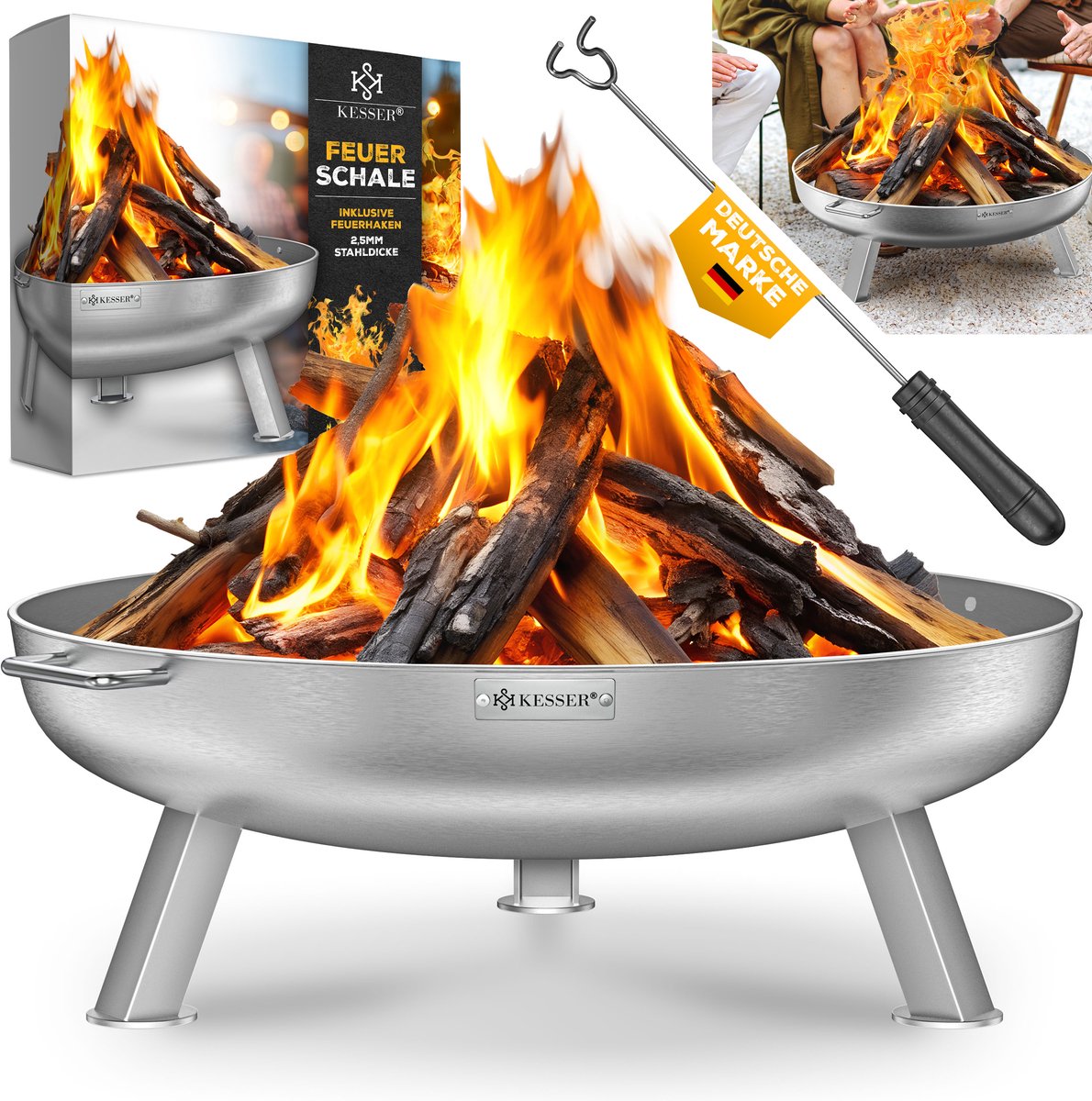 KESSER® Vuurschaal - gelegeerd staal 2,5 mm - met gietijzeren pook en waterafvoer - Ø 70 cm