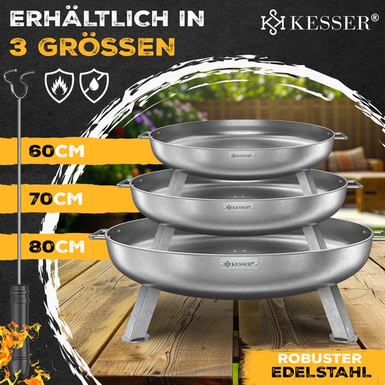 Drie Kesser roestvrijstalen vuurschalen in stapelbare maten: 60 cm, 70 cm en 80 cm, inclusief pook.