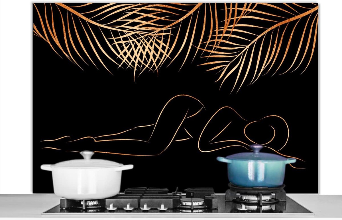 Spatscherm Keuken - 120x80 cm - Vrouw - Palmbladeren - Goud - Line art