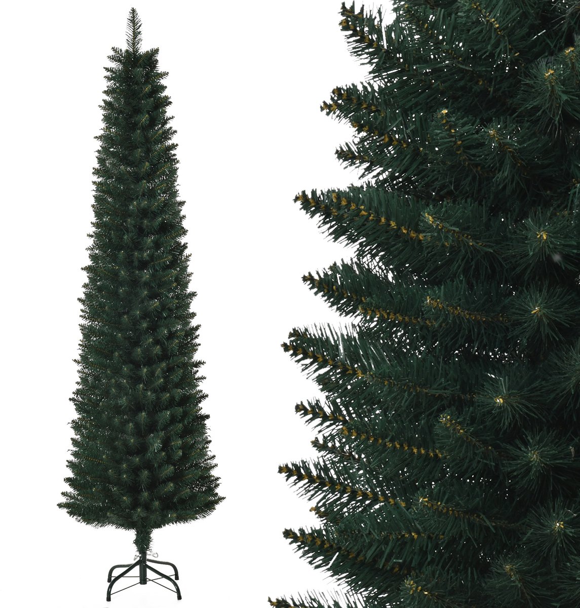 HOMCOM Kunstkerstboom 180 cm, Slanke Kerstboom met 380 Takpunten, Opvouwbare Metalen Standaard, Eenvoudig te monteren en op te bergen, voor Thuis of Kantoor, Groen