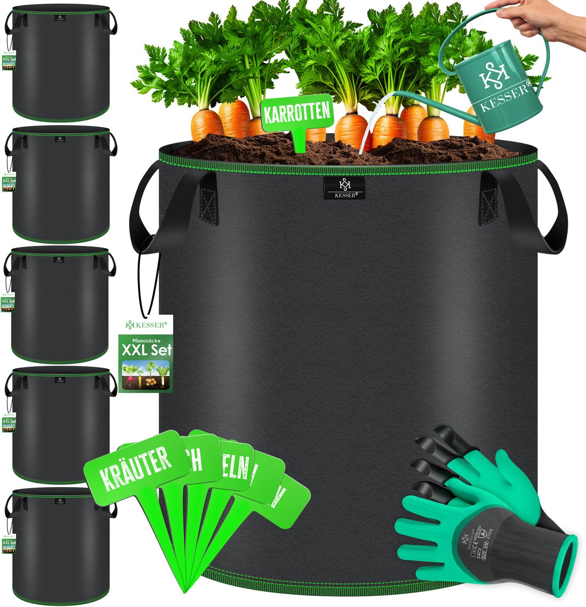 KESSER® Plantenzak van vliesstof - Met venster, handvatten en naamkaartjes - 27 liter 5-delig - Zwart