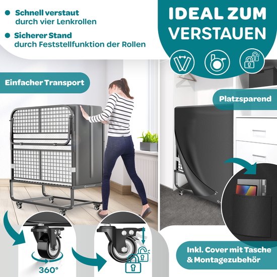 KESSER Opklapbed 200 x 90 cm met Traagschuimmatras - Logeerbed Inklapbaar / Vouwbed voor Gasten, tot 250 kg - Antraciet/Wit Deluxe Plus — afbeelding 2