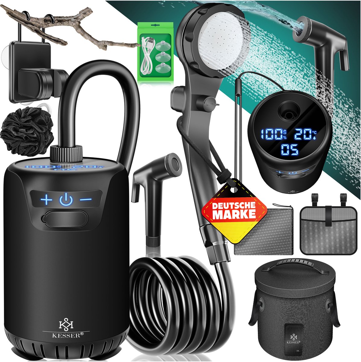 KESSER® Campingdouche X-Gear - mobiele douche met pomp en accu 8000mAh - 20L watertank - zwart
