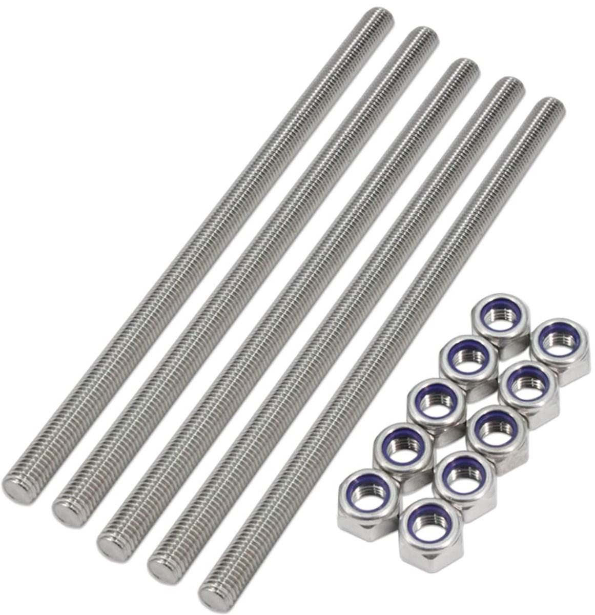 X 250 mm 304 roestvrij staal volledige schroefdraadstang, rechtse schroefdraad 1,75 mm helling met 10 stuks borgmoeren, 5 stuks/verpakking