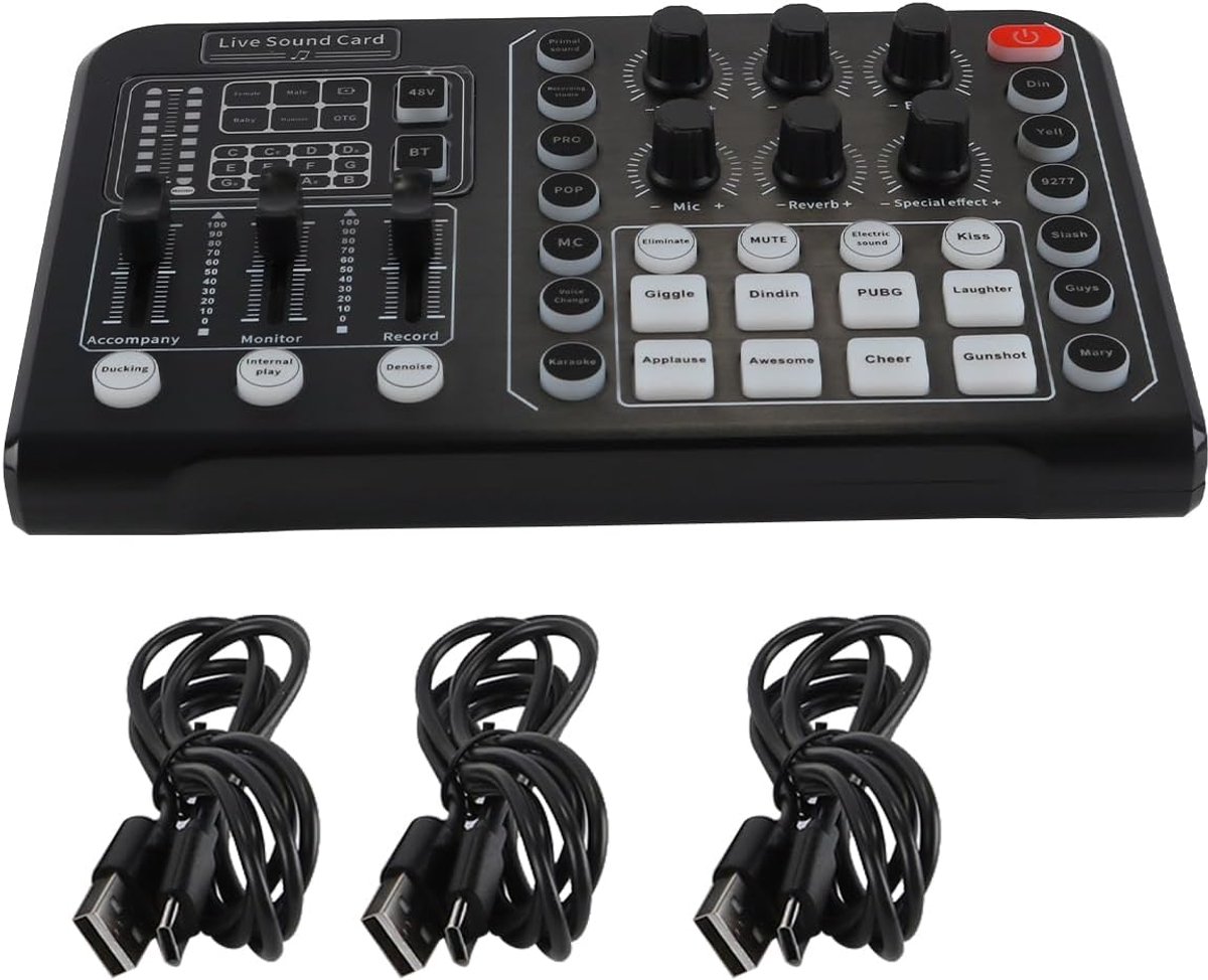 DJ-mixer, live geluidskaart, stemwisselaar, 48V fantoomvoeding, stereo-interface voor streaming, podcasting en gaming.