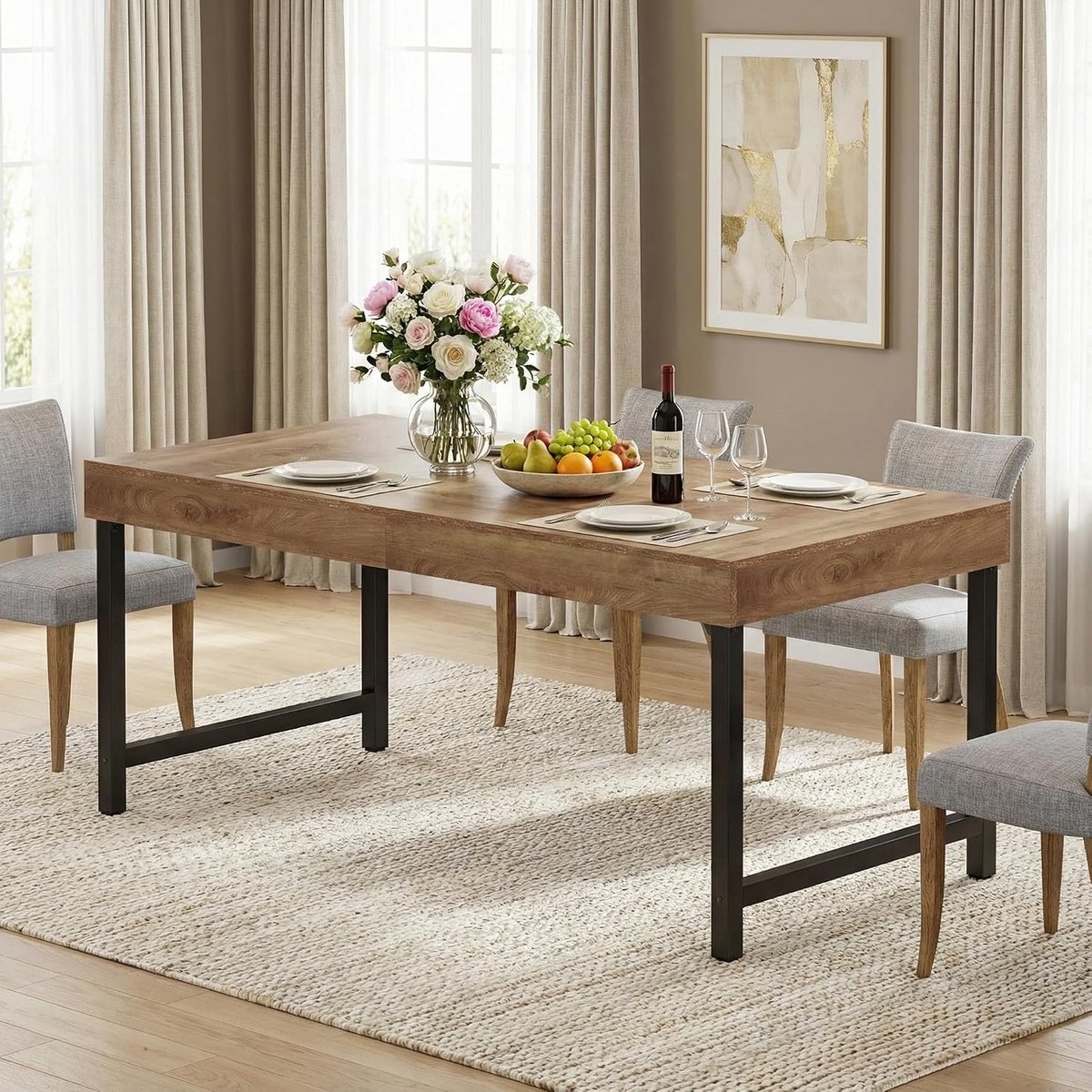 140cm Kitchen Dining Table, Rechthoekige Eettafel, Eetkamertafel Voor 6 Personen, Industriële Eettafel, Rustic Brown Dining Table, 140 x 80 x 75 cm, Rustic Brown