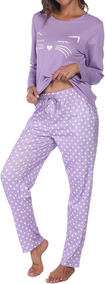 Lang, winter, katoen, tweedelige pyjama voor dames, set met lange mouwen, bovendeel met katten en broek met polkadots, broek met zakken, licht en zacht, nachtkleding om te slapen
