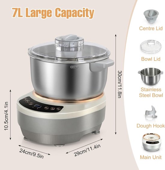 7 liter, 200 W, roestvrij staal, pizzadeegmachine van 304 roestvrij staal om te bakken, deegkneedmachine met thermostatische gistfunctie (25-38 °C), deegkneedmachine voor het — afbeelding 2