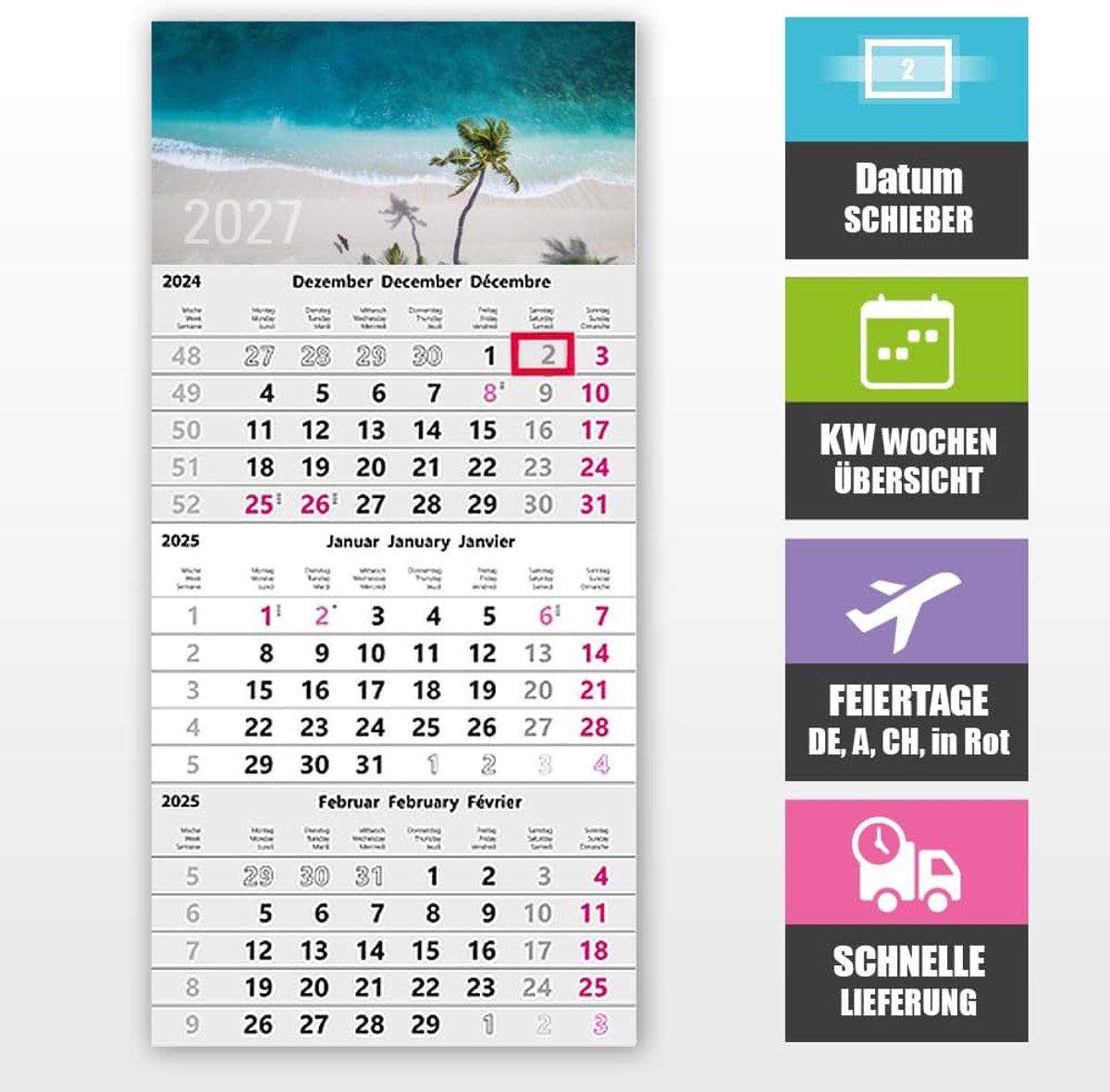 3-maandskalender 2026 met datumschuiver – wandkalender 30 x 49 cm voor optimale planning, 3 maanden overzicht, wandplanner, bureaukalender, 3-maandskalender, KW-weken, feestdagen DE, A, CH