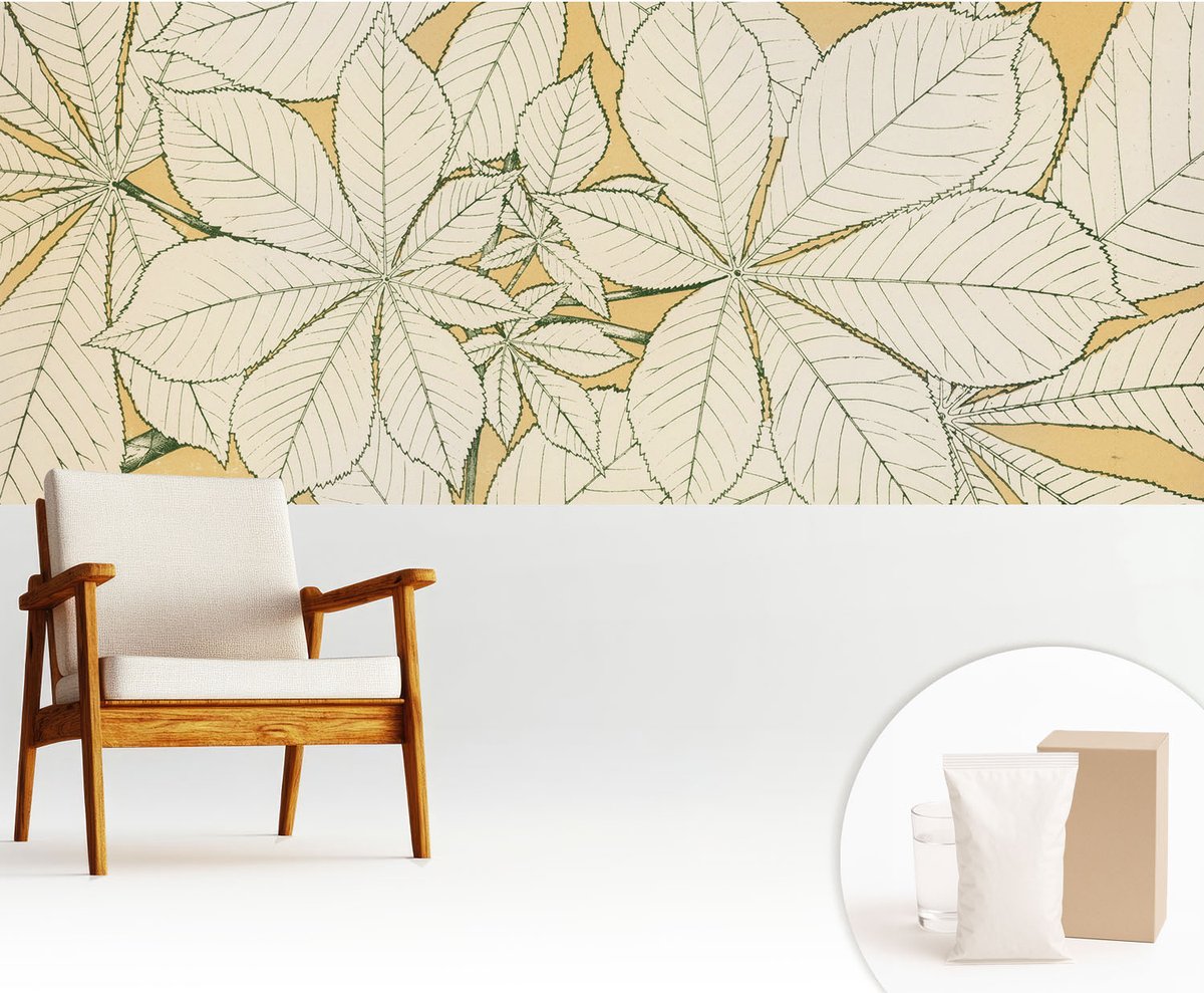 Wallfluent Fotobehang - Beige Vliesbehang - 250x104 cm - Kastanjebladeren Muurschildering - Gang behang Bloemen En Planten - Fotobehang Vlies - Slaapkamer behang