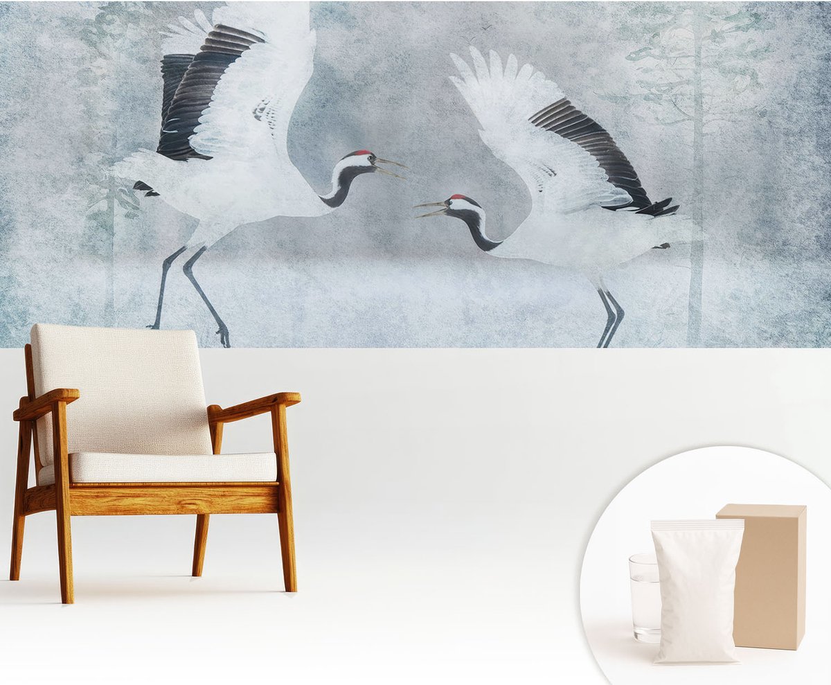 Wallfluent Fotobehang - Wit Vliesbehang - 250x104 cm - Harmonieuze Kraanvogels Fotobehang Vlies - Woonkamer behang Dieren - Muurschildering - Woonkamer behang