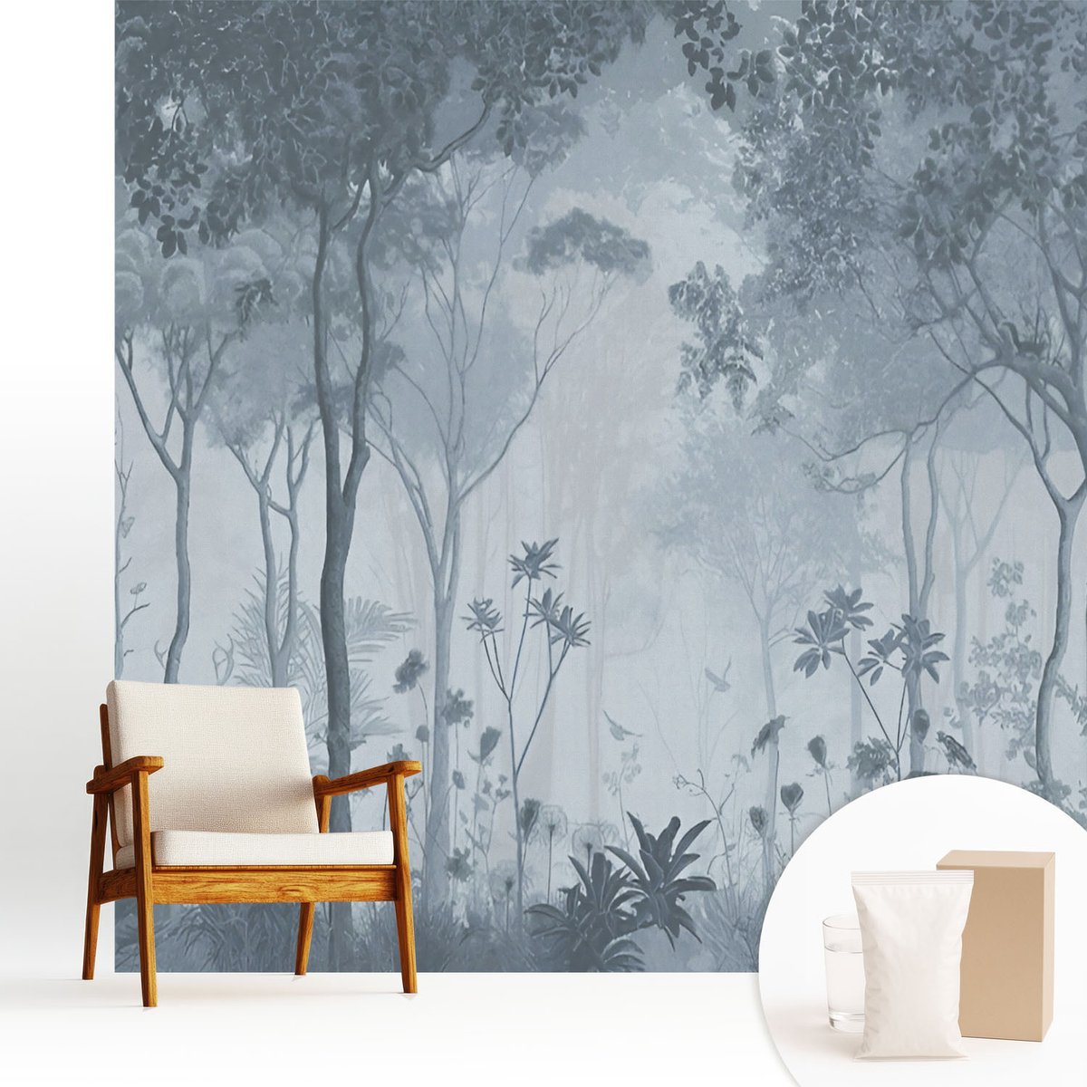 Wallfluent Fotobehang - Grijs Vliesbehang - 250x250 cm - Mystiek Van Het Bos Muurschildering - Slaapkamer behang Bloemen En Planten - Fotobehang Vlies - Slaapkamer behang