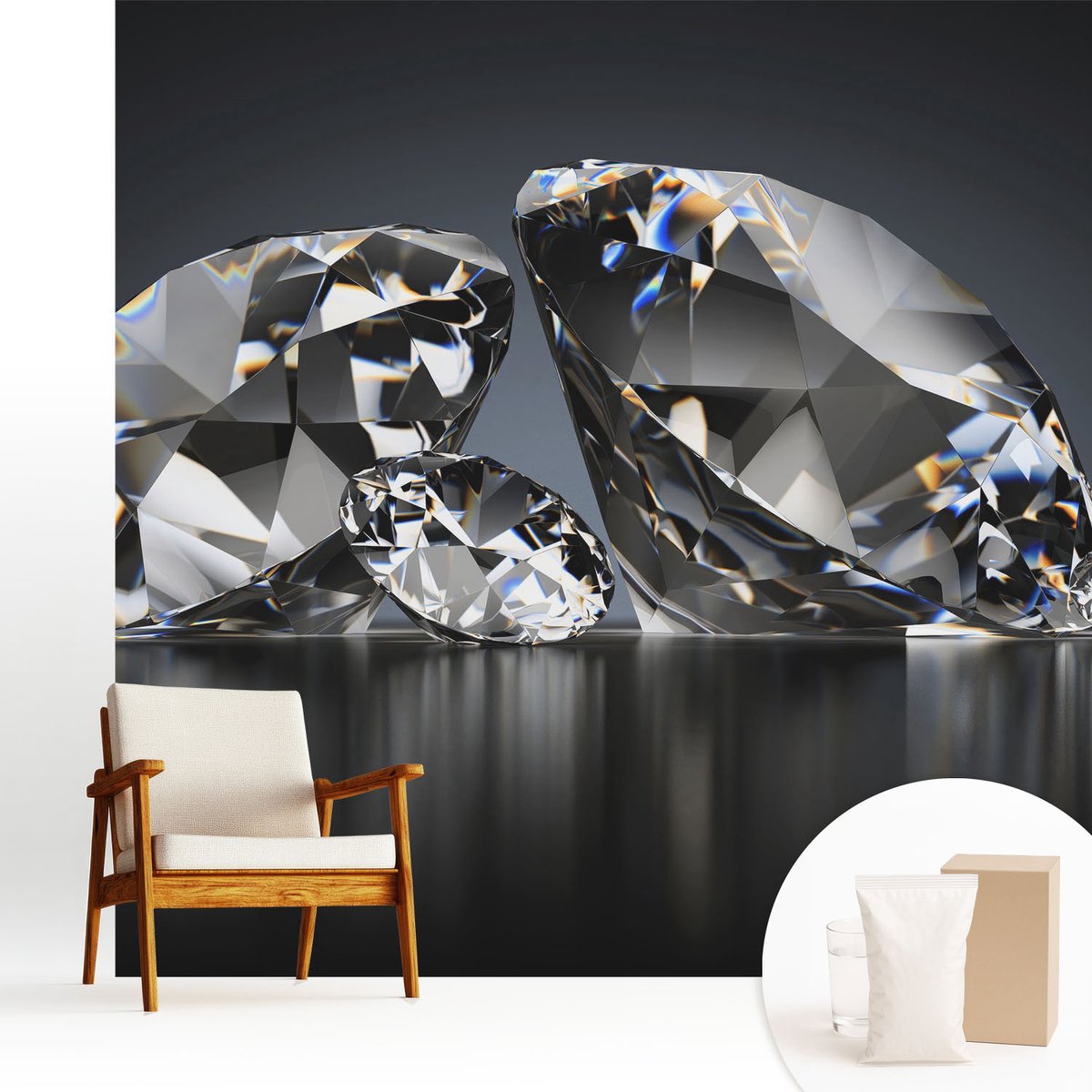 Wallfluent Fotobehang - Zwart Vliesbehang - 250x250 cm - Kristallen Schoonheid Muurschildering - Slaapkamer behang Deel - Fotobehang Vlies - Slaapkamer behang