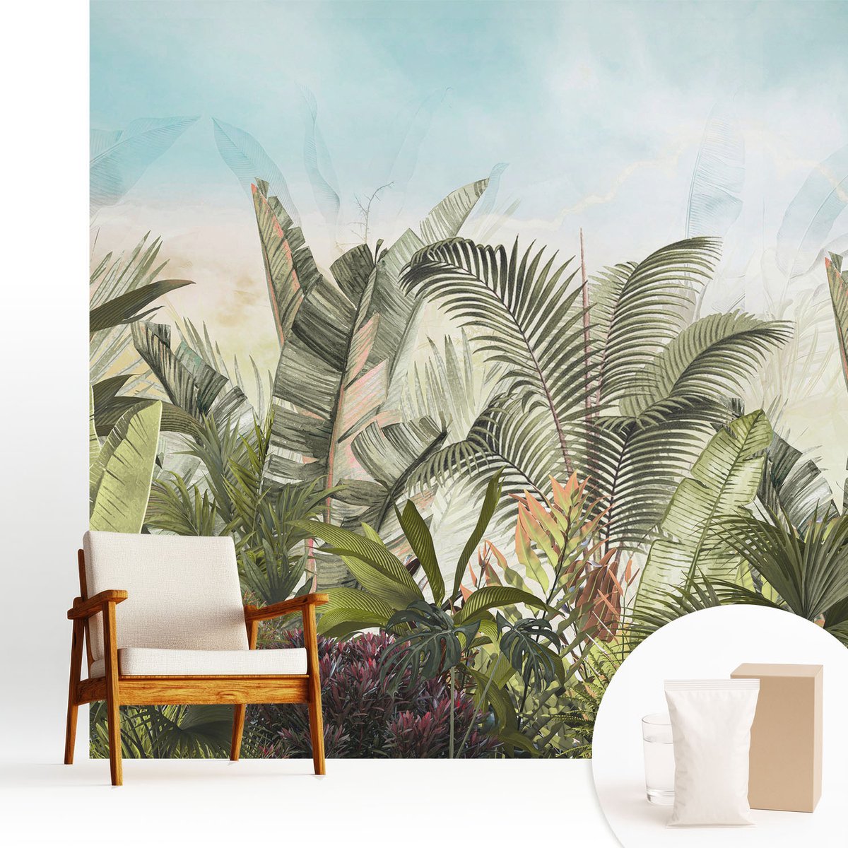 Wallfluent Fotobehang - Groente Vliesbehang - 250x250 cm - Tropisch Paradijs Fotobehang Vlies - Hal behang Bloemen En Planten - Muurschildering - Woonkamer behang
