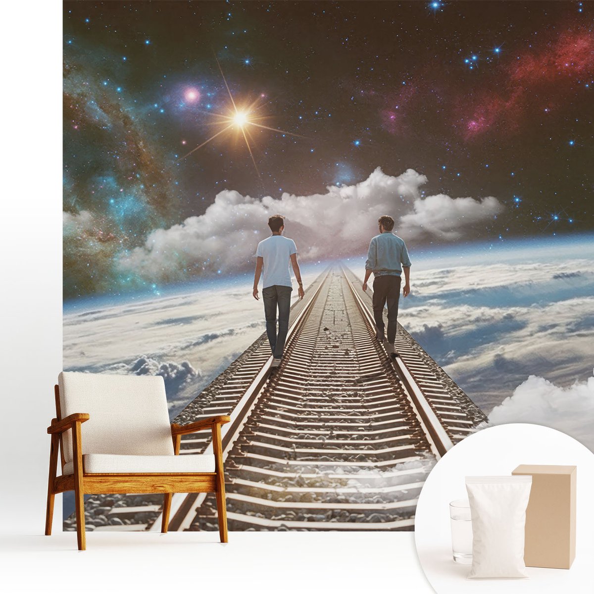 Wallfluent Fotobehang - Wit Vliesbehang - 250x250 cm - Ruimtereis Fotobehang Vlies - Woonkamer behang Kosmos - Muurschildering - Woonkamer behang