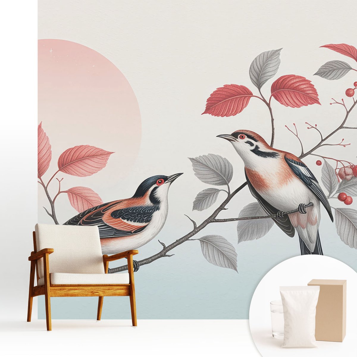 Wallfluent Fotobehang - Roze Vliesbehang - 250x250 cm - Zittende Vogels Muurschildering - Slaapkamer behang Dieren - Fotobehang Vlies - Slaapkamer behang