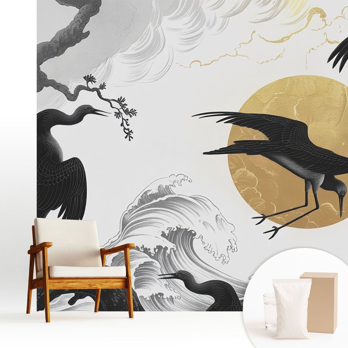 Wallfluent Fotobehang - Zwart-Wit Vliesbehang - 250x250 cm - Zwarte Kraanvogels Fotobehang Vlies - Woonkamer behang Deel - Muurschildering - Woonkamer behang