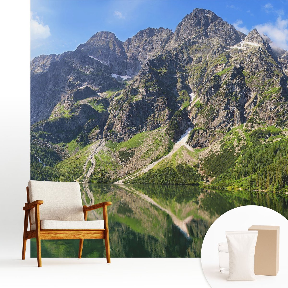 Wallfluent Fotobehang - Blauw Vliesbehang - 250x250 cm - Schilderachtige Bergen Fotobehang Vlies - Woonkamer behang Landschappen - Muurschildering - Woonkamer behang