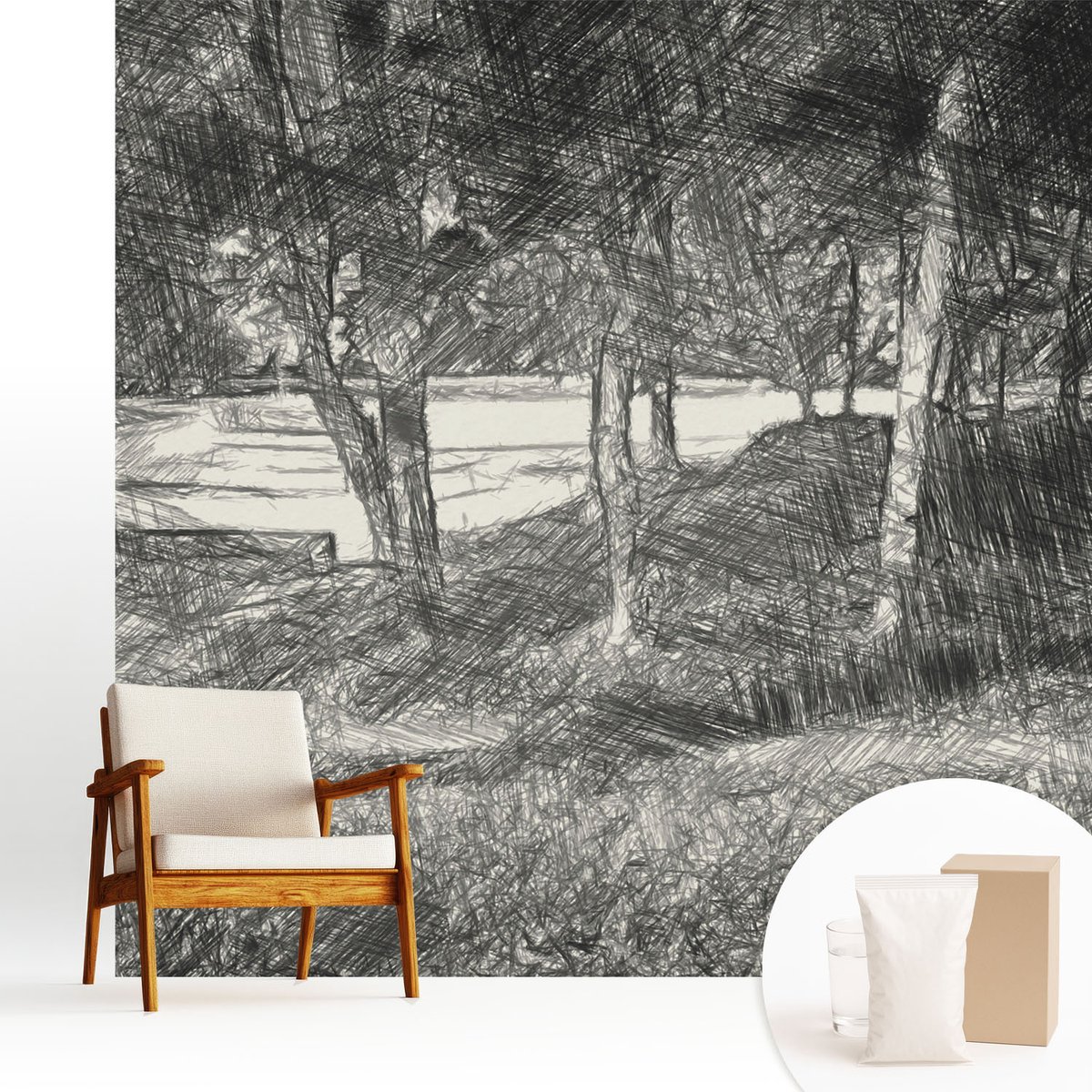 Wallfluent Fotobehang - Zwart-Wit Vliesbehang - 250x250 cm - Een Vredig Landschap Muurschildering - Slaapkamer behang Landschappen - Fotobehang Vlies - Gang behang