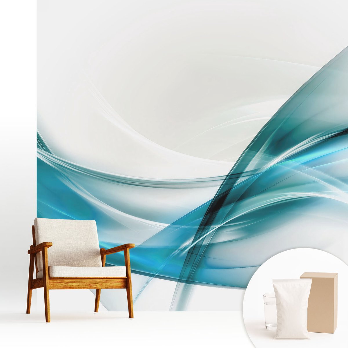 Wallfluent Fotobehang - Wit Vliesbehang - 250x250 cm - Blauwe Golven Fotobehang Vlies - Woonkamer behang Abstractie - Muurschildering - Woonkamer behang