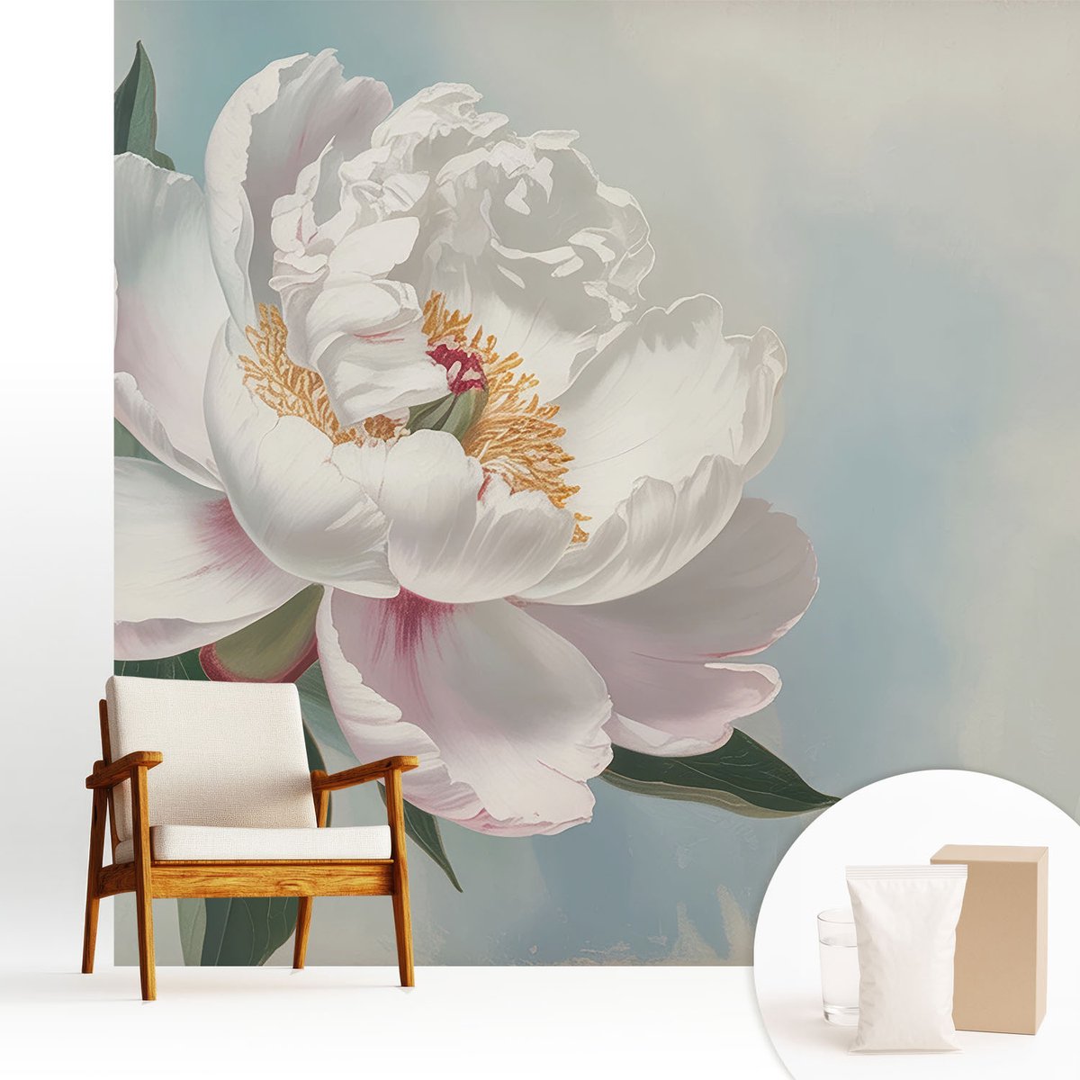 Wallfluent Fotobehang - Wit Vliesbehang - 250x250 cm - Prachtige Pioenroos Fotobehang Vlies - Hal behang Bloemen En Planten - Muurschildering - Woonkamer behang