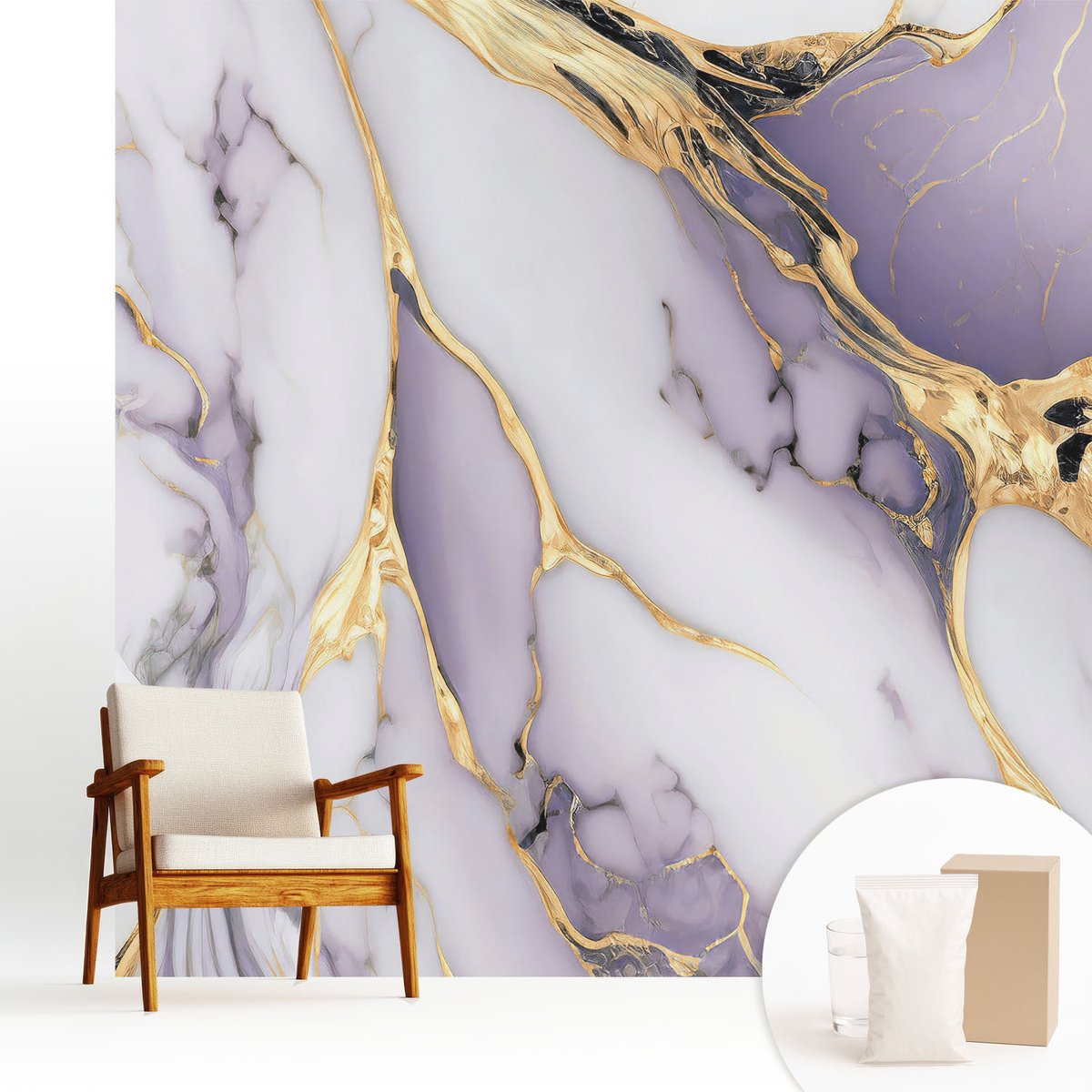 Wallfluent Fotobehang - Wit Vliesbehang - 250x250 cm - Abstract Marmer Fotobehang Vlies - Hal behang Abstractie - Muurschildering - Hal behang