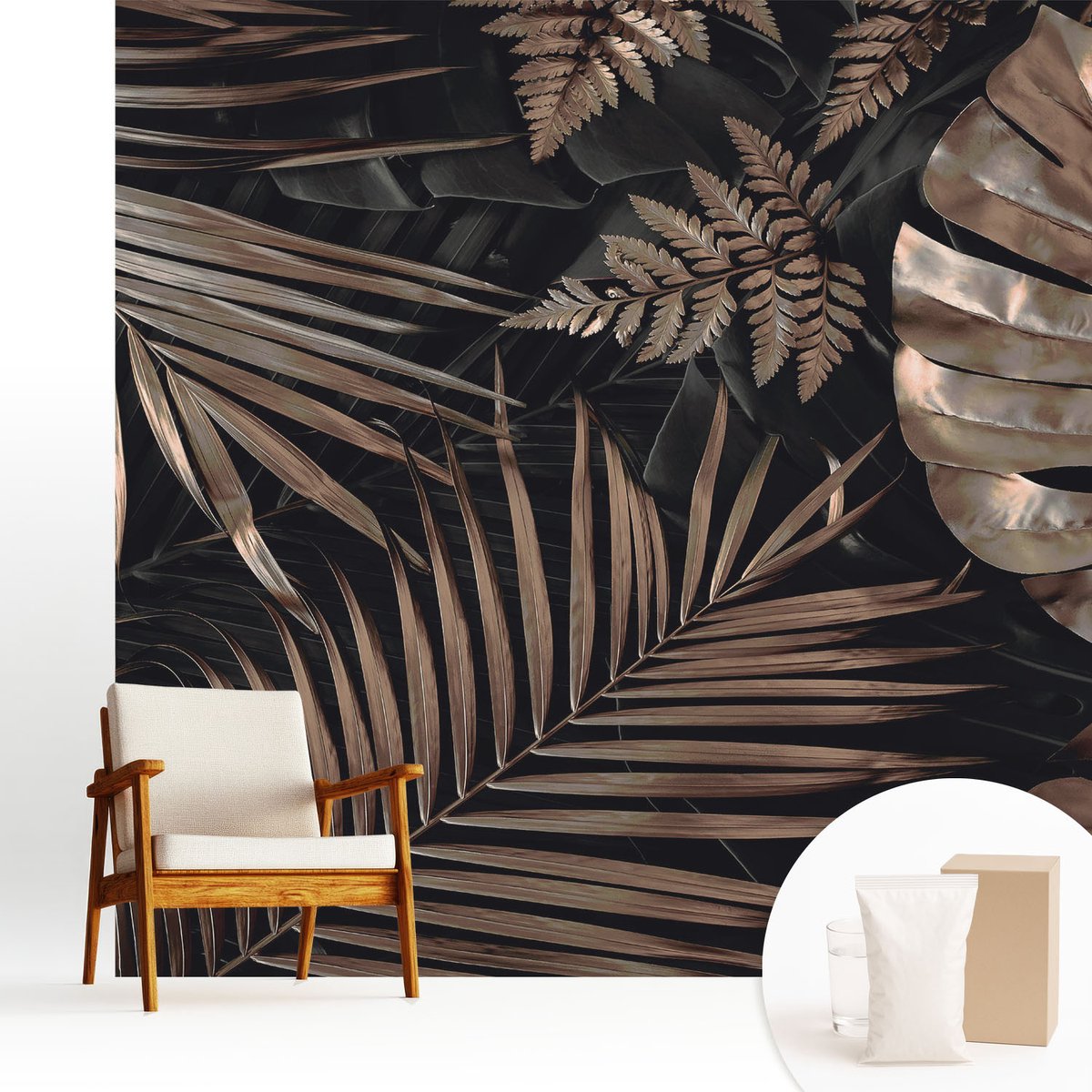 Wallfluent Fotobehang - Zwart Vliesbehang - 250x250 cm - Exotische Bladeren Muurschildering - Gang behang Bloemen En Planten - Fotobehang Vlies - Slaapkamer behang