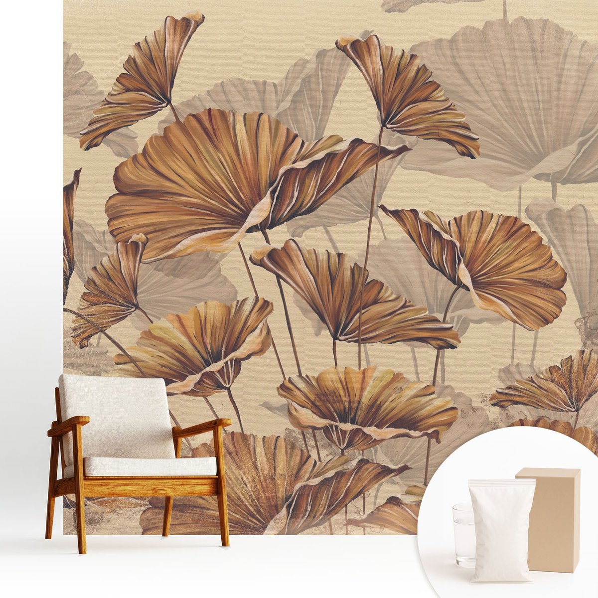 Wallfluent Fotobehang - Beige Vliesbehang - 250x250 cm - Herfstachtige Elegantie Muurschildering - Gang behang Bloemen En Planten - Fotobehang Vlies - Slaapkamer behang