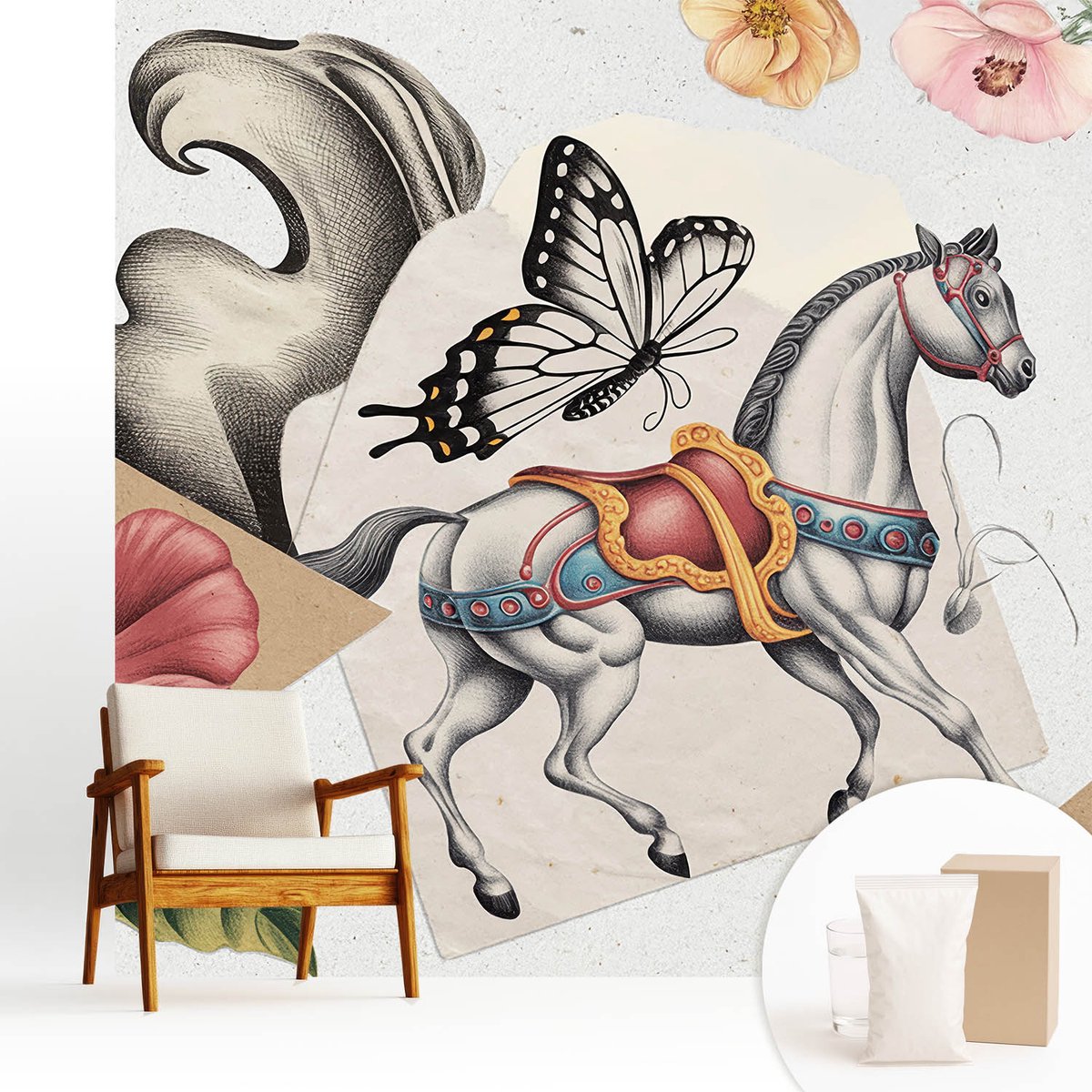 Wallfluent Fotobehang - Grijs Vliesbehang - 250x250 cm - Vintage Bloemen Muurschildering - Slaapkamer behang Deel - Fotobehang Vlies - Slaapkamer behang