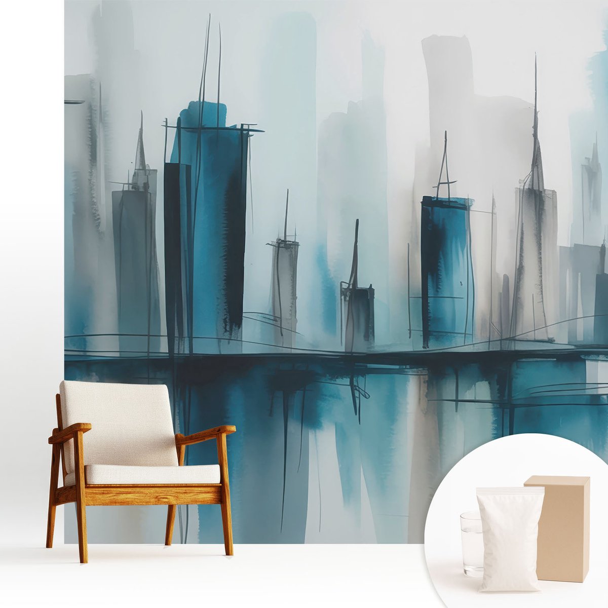 Wallfluent Fotobehang - Blauw Vliesbehang - 250x250 cm - Stadslandschappen Fotobehang Vlies - Hal behang Steden - Muurschildering - Woonkamer behang