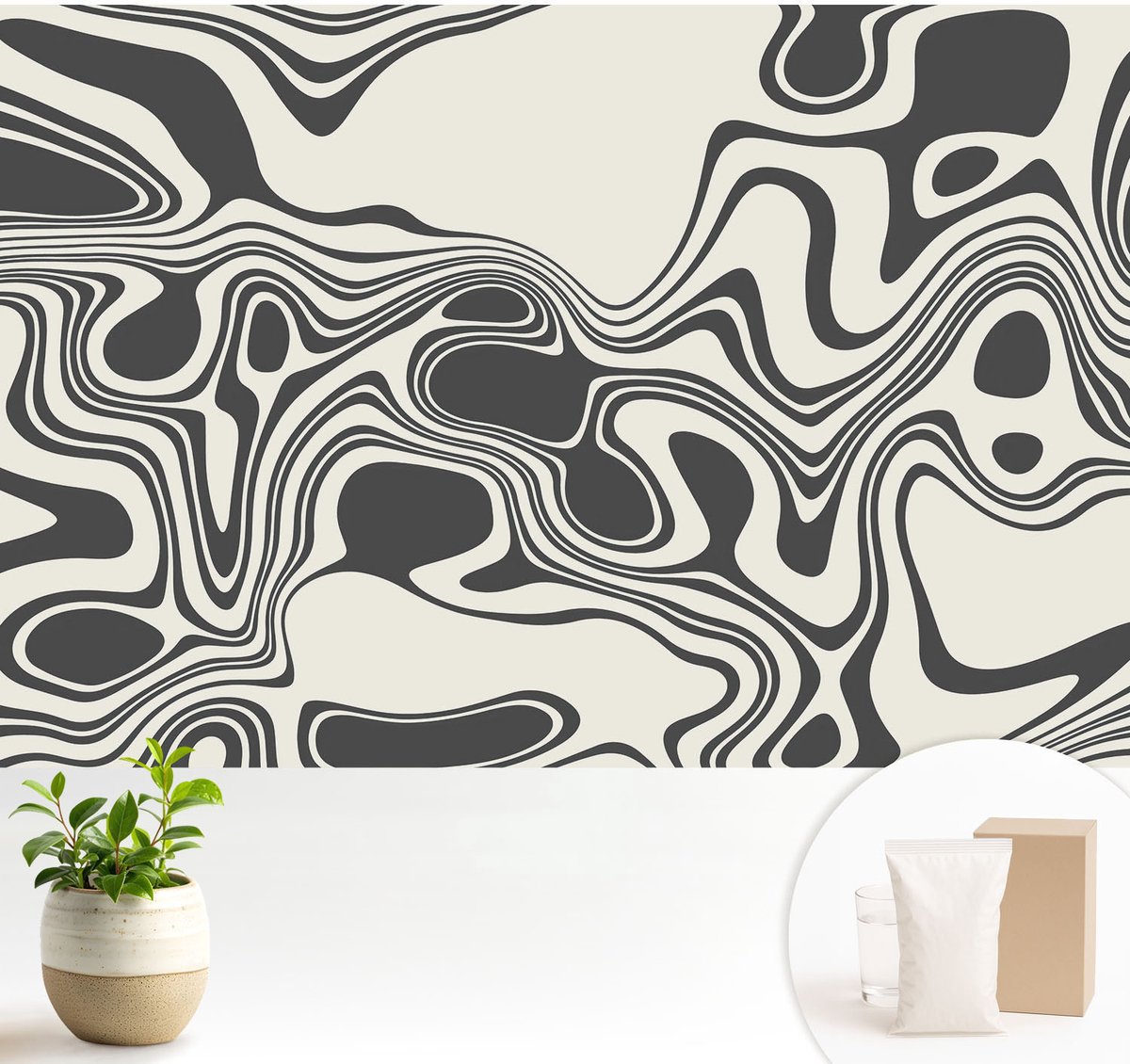 Wallfluent Fotobehang - Zwart-Wit Vliesbehang - 104x70 cm - Dynamische Lijnen Fotobehang Vlies - Woonkamer behang Abstractie - Muurschildering - Hal behang