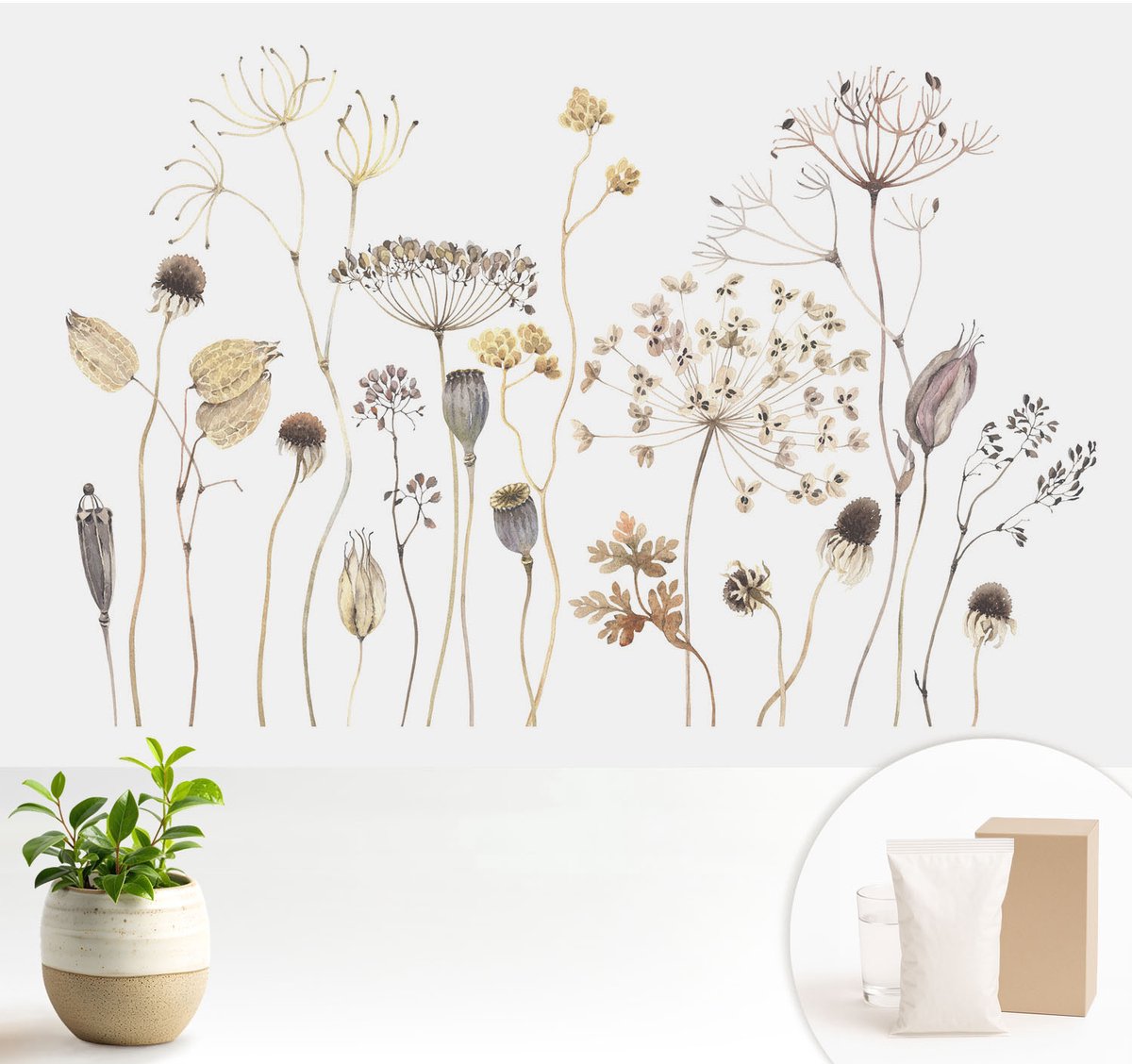 Wallfluent Fotobehang - Beige Vliesbehang - 104x70 cm - Wilde Bloemen Fotobehang Vlies - Hal behang Bloemen En Planten - Muurschildering - Woonkamer behang