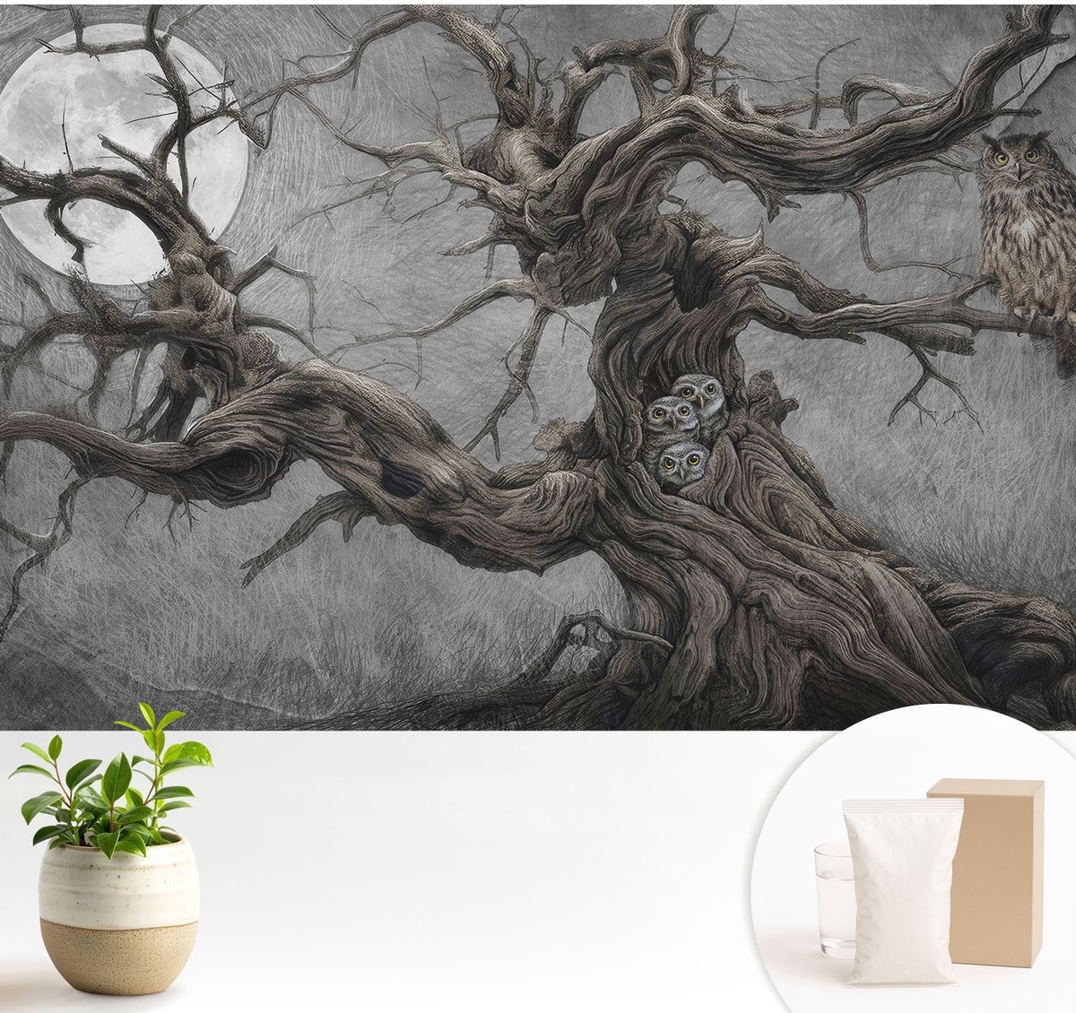 Wallfluent Fotobehang - Grijs Vliesbehang - 104x70 cm - Mysterieuze Uil Fotobehang Vlies - Hal behang Dieren - Muurschildering - Woonkamer behang