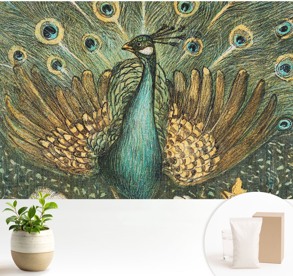 Wallfluent Fotobehang - Groente Vliesbehang - 104x70 cm - Majestueuze Pauw Fotobehang Vlies - Woonkamer behang Dieren - Muurschildering - Hal behang