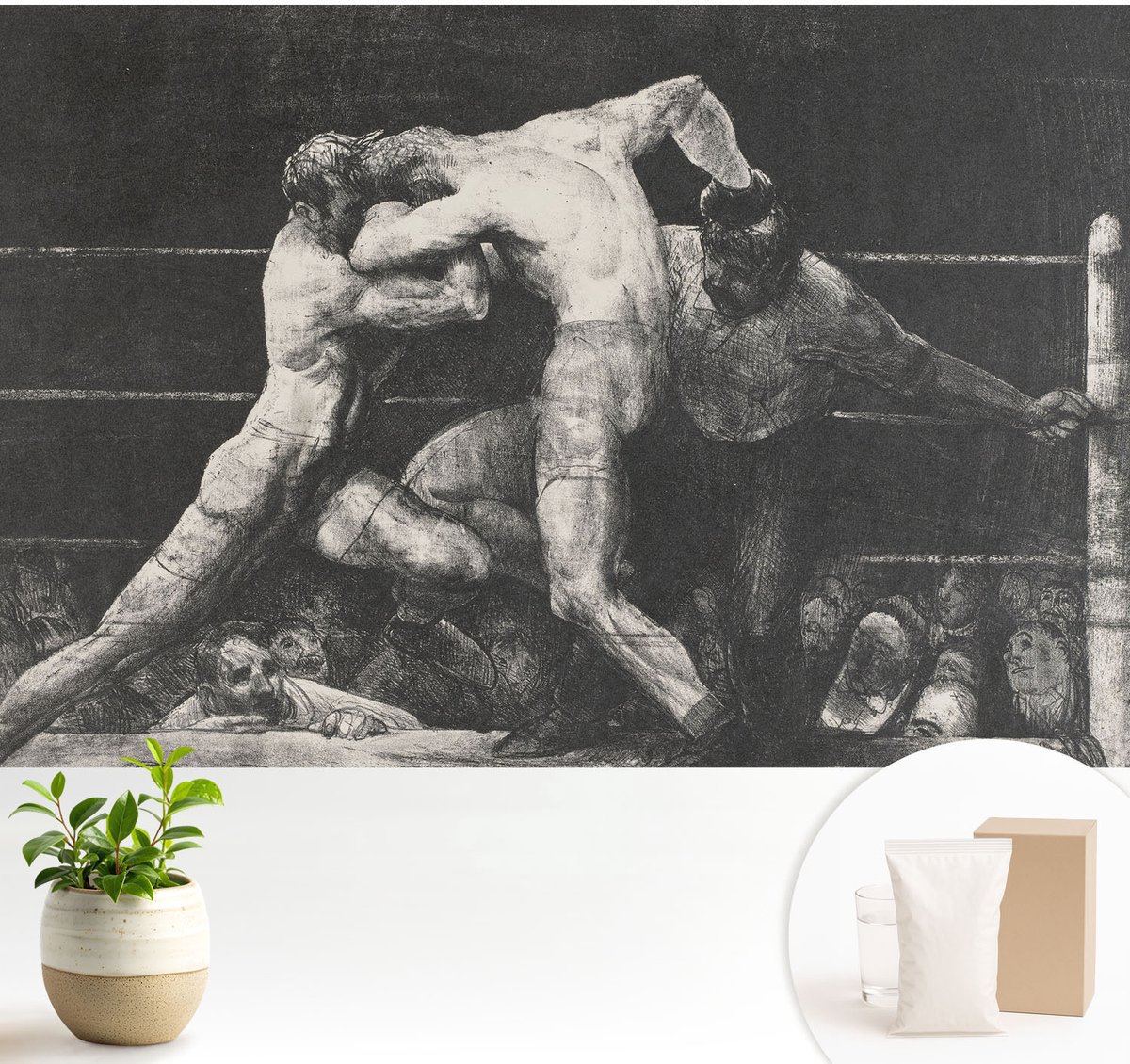 Wallfluent Fotobehang - Zwart Vliesbehang - 104x70 cm - Boksersduel Fotobehang Vlies - Woonkamer behang Deel - Muurschildering - Hal behang