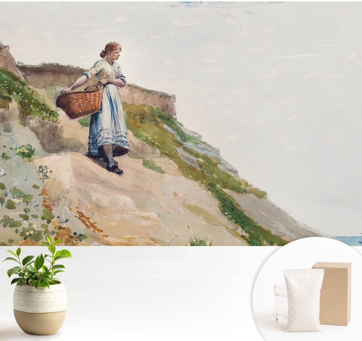 Wallfluent Fotobehang - Wit Vliesbehang - 104x70 cm - Vrouwelijk Landschap Muurschildering - Gang behang Mensen - Fotobehang Vlies - Slaapkamer behang