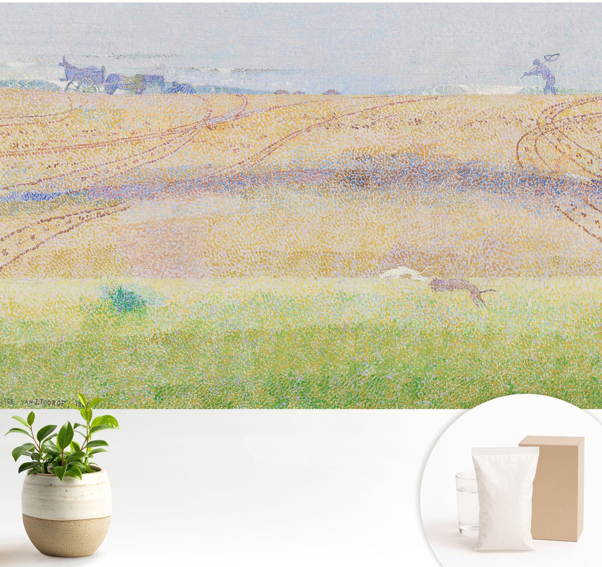 Wallfluent Fotobehang - Grijs Vliesbehang - 104x70 cm - Zomerveld Fotobehang Vlies - Woonkamer behang Landschappen - Muurschildering - Woonkamer behang