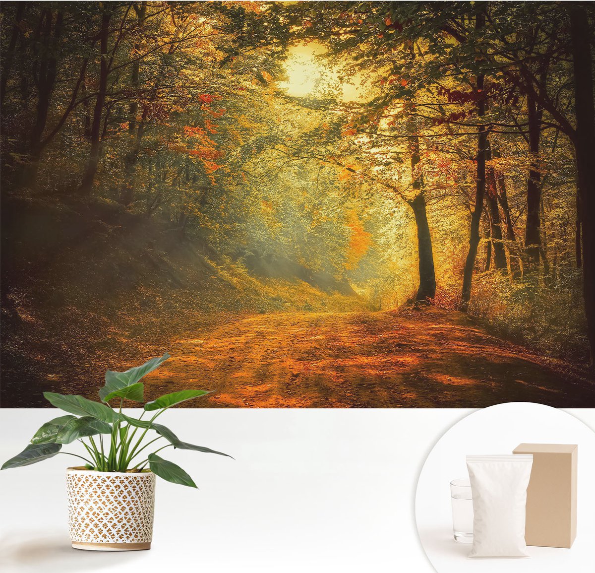 Wallfluent Fotobehang - Geel Vliesbehang - 152x104 cm - Herfstlandschap Muurschildering - Gang behang Landschappen - Fotobehang Vlies - Slaapkamer behang