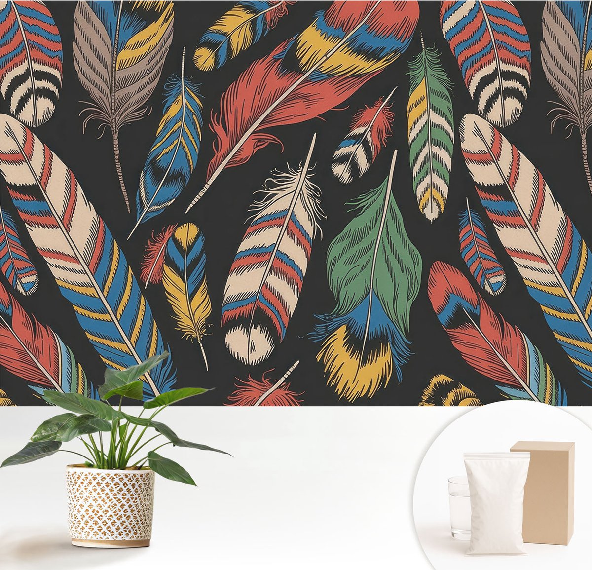 Wallfluent Fotobehang - Blauw Vliesbehang - 152x104 cm - Kleurrijke Veren Fotobehang Vlies - Hal behang Achtergronden En Patronen - Muurschildering - Hal behang