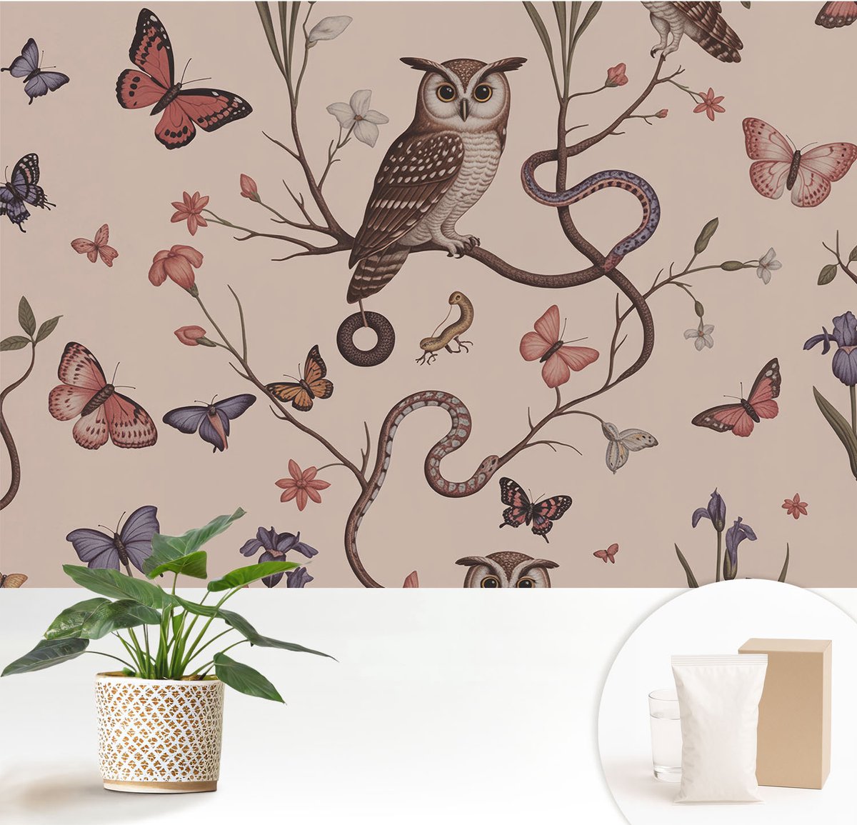 Wallfluent Fotobehang - Beige Vliesbehang - 152x104 cm - Uil Natuur Fotobehang Vlies - Hal behang Bloemen En Planten - Muurschildering - Woonkamer behang