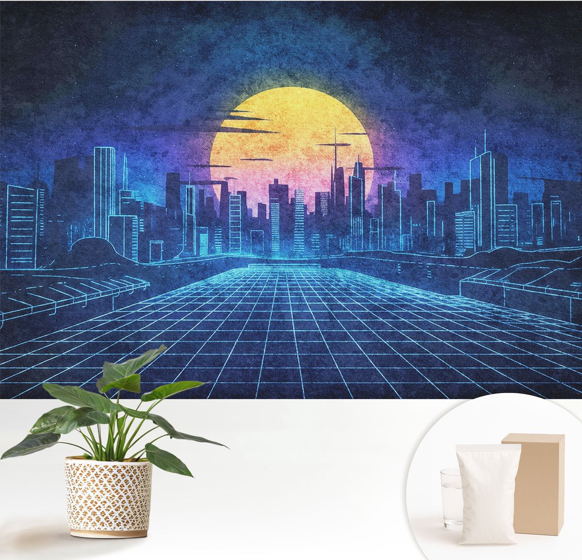 Wallfluent Fotobehang - Blauw Vliesbehang - 152x104 cm - Futuristisch Landschap Muurschildering - Slaapkamer behang Steden - Fotobehang Vlies - Gang behang