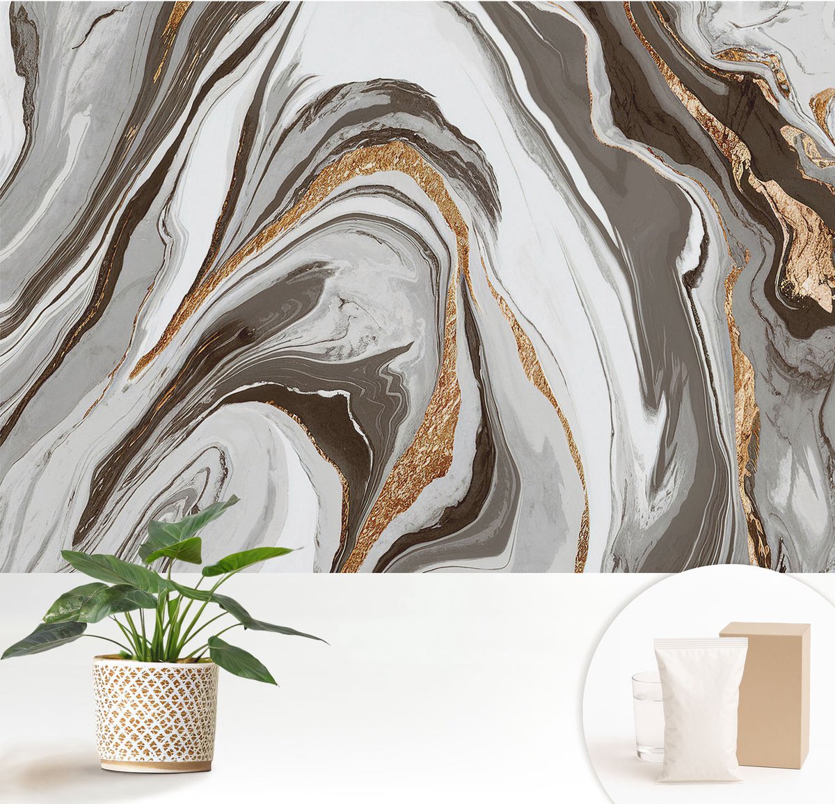 Wallfluent Fotobehang - Grijs Vliesbehang - 152x104 cm - Marmeren Wervelingen Fotobehang Vlies - Woonkamer behang Texturen - Muurschildering - Woonkamer behang