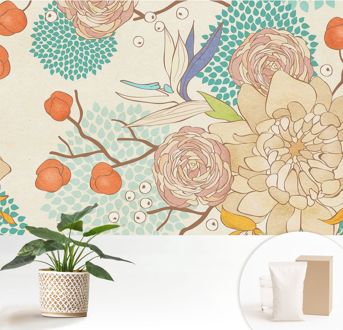 Wallfluent Fotobehang - Wit Vliesbehang - 152x104 cm - Bloemenfantasie Fotobehang Vlies - Hal behang Bloemen En Planten - Muurschildering - Woonkamer behang