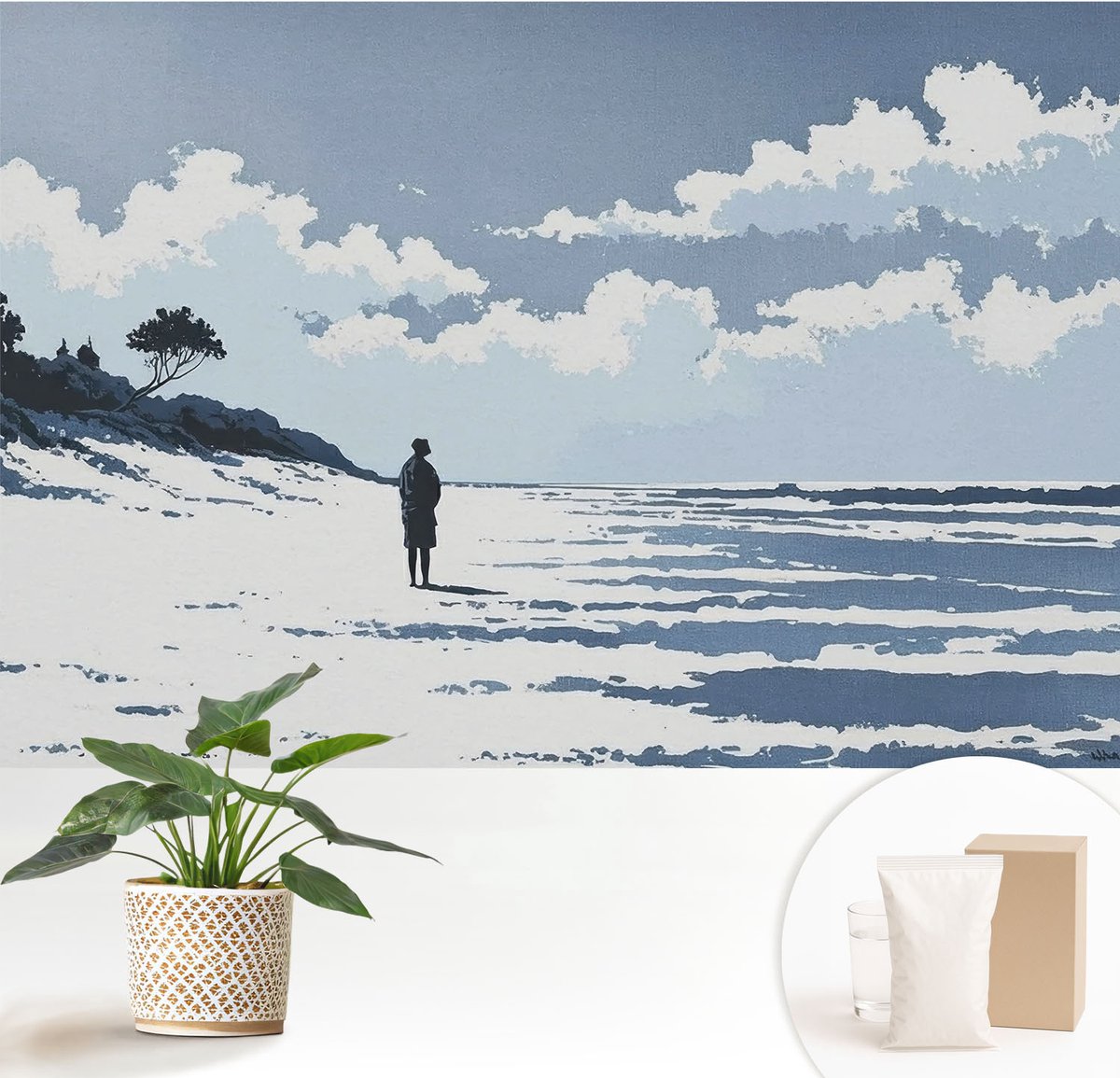 Wallfluent Fotobehang - Blauw Vliesbehang - 152x104 cm - Stilte Op Het Strand Fotobehang Vlies - Woonkamer behang Landschappen - Muurschildering - Woonkamer behang