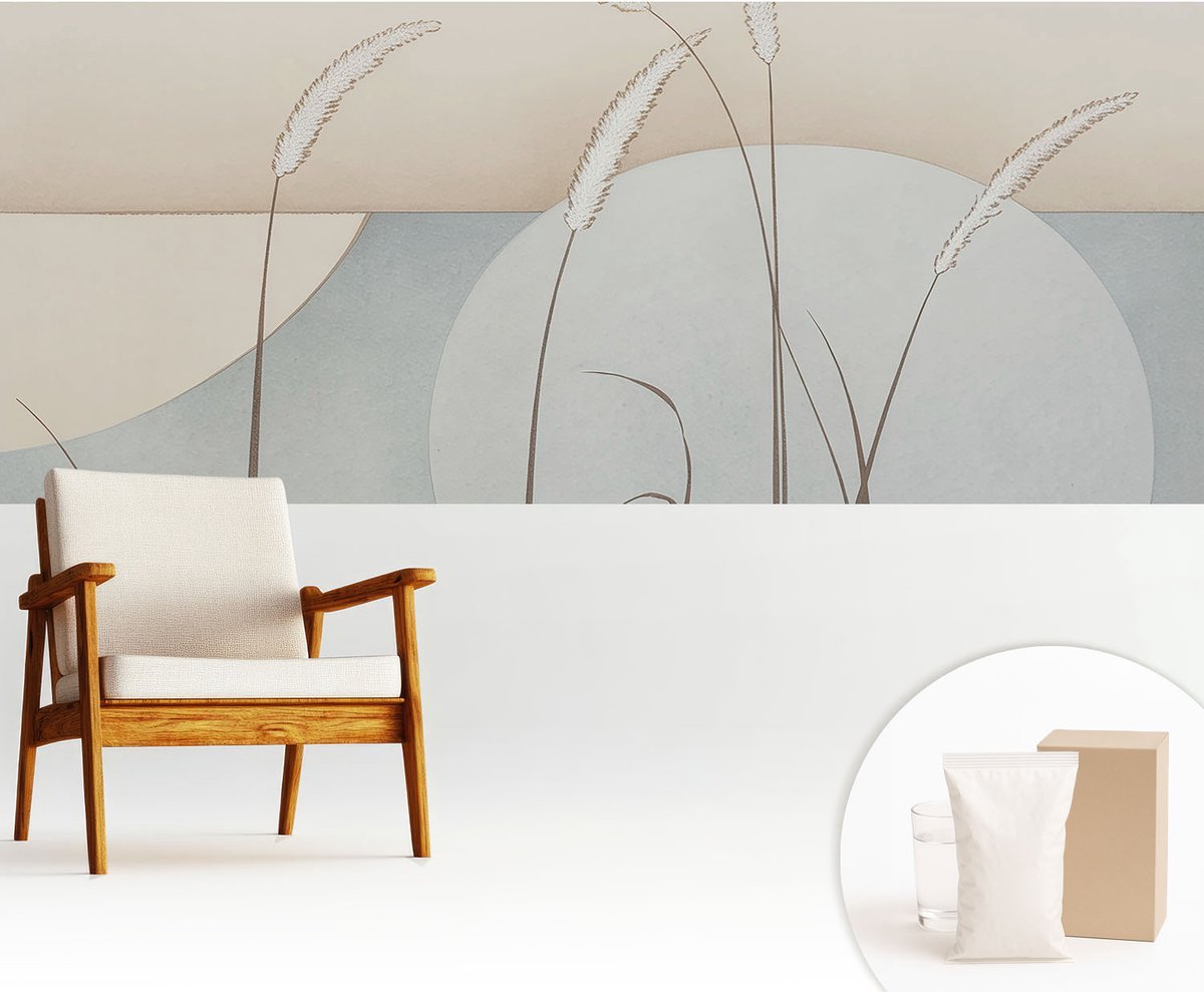 Wallfluent Fotobehang - Beige Vliesbehang - 250x104 cm - Zachte Grassen Fotobehang Vlies - Hal behang Bloemen En Planten - Muurschildering - Hal behang